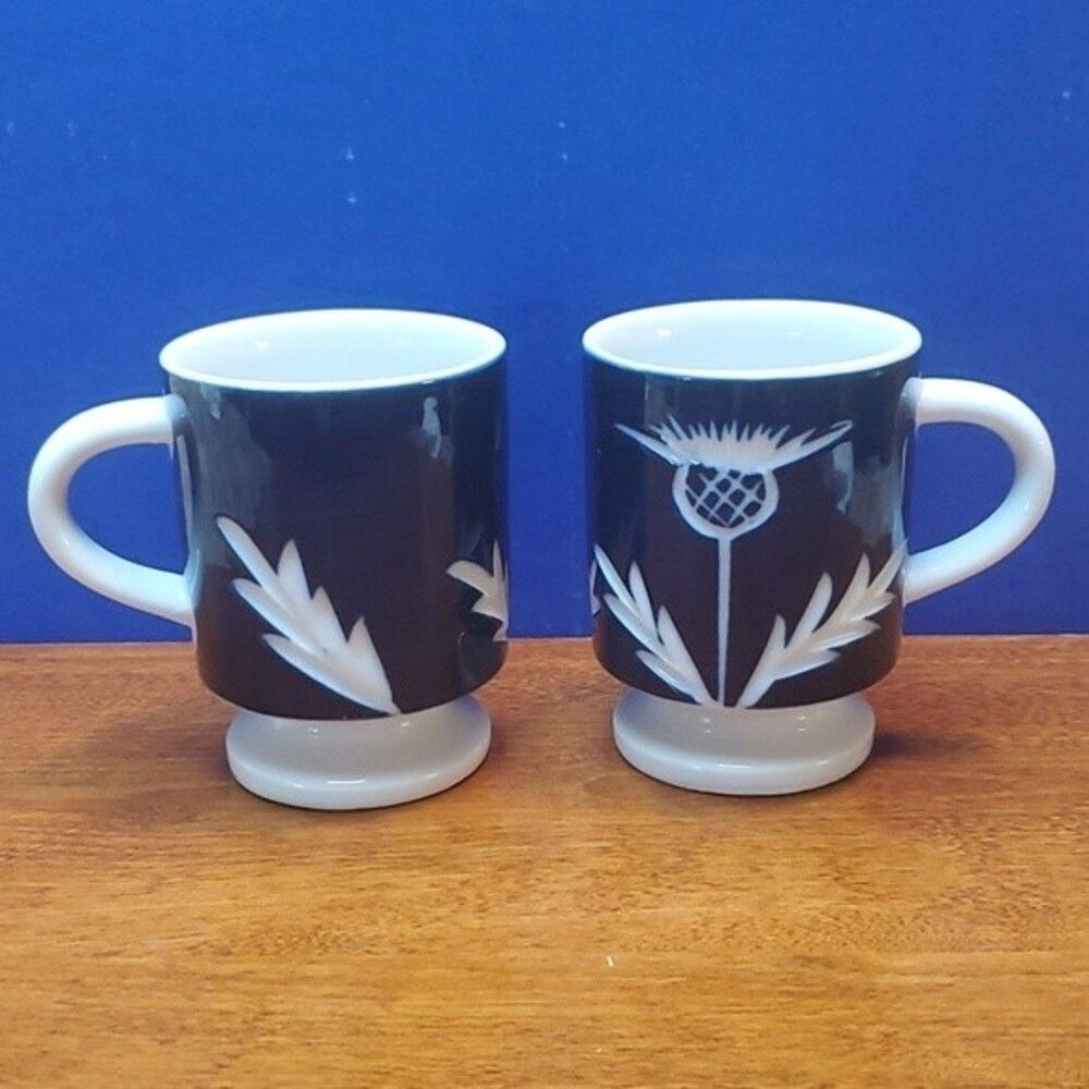 VTG Blue Pedestal Coffee Mugs Pair • Etched White Floral Footed Cups- Embossed